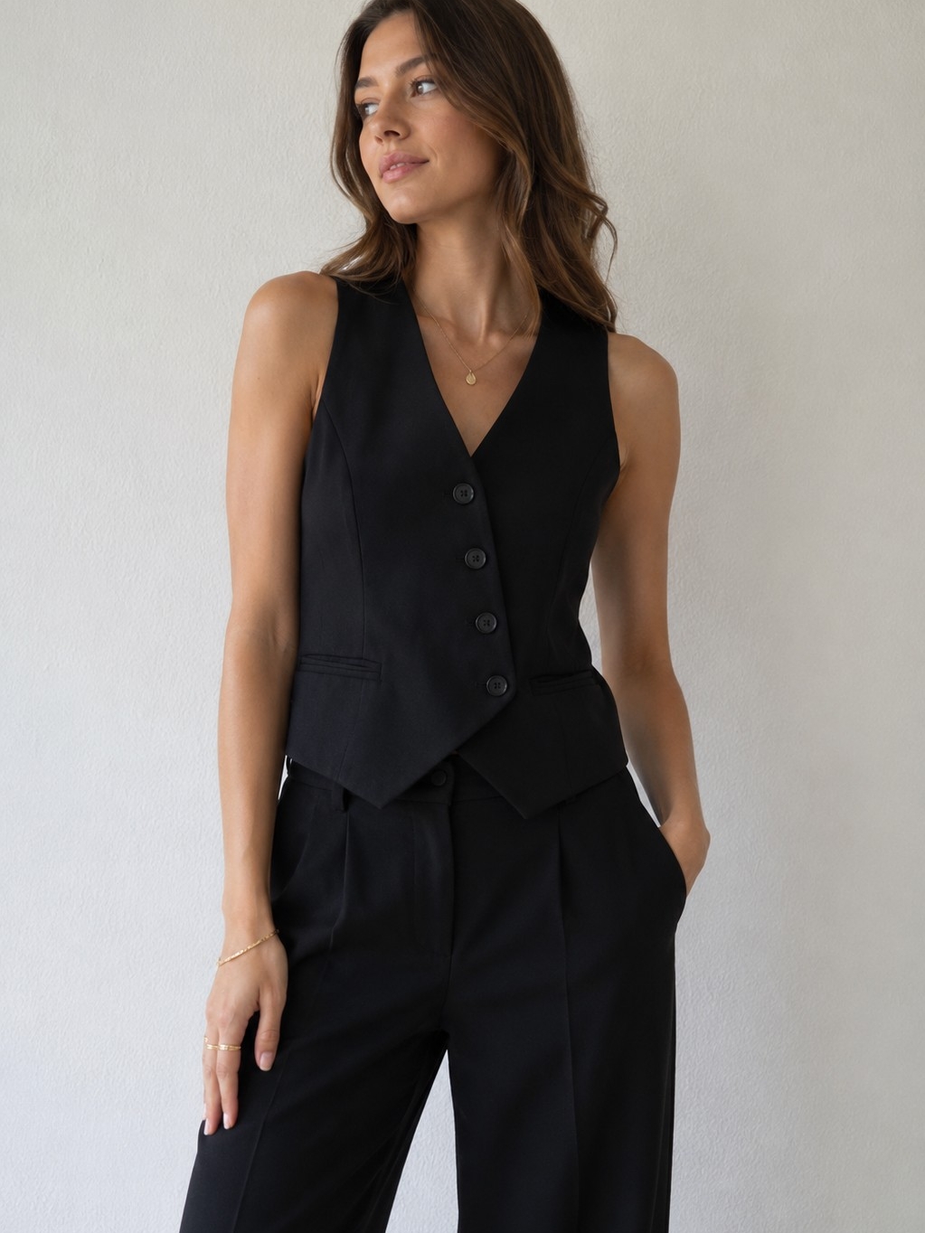 Classic Black Tailored Sleeveless Vest Women's Pantsuit Top